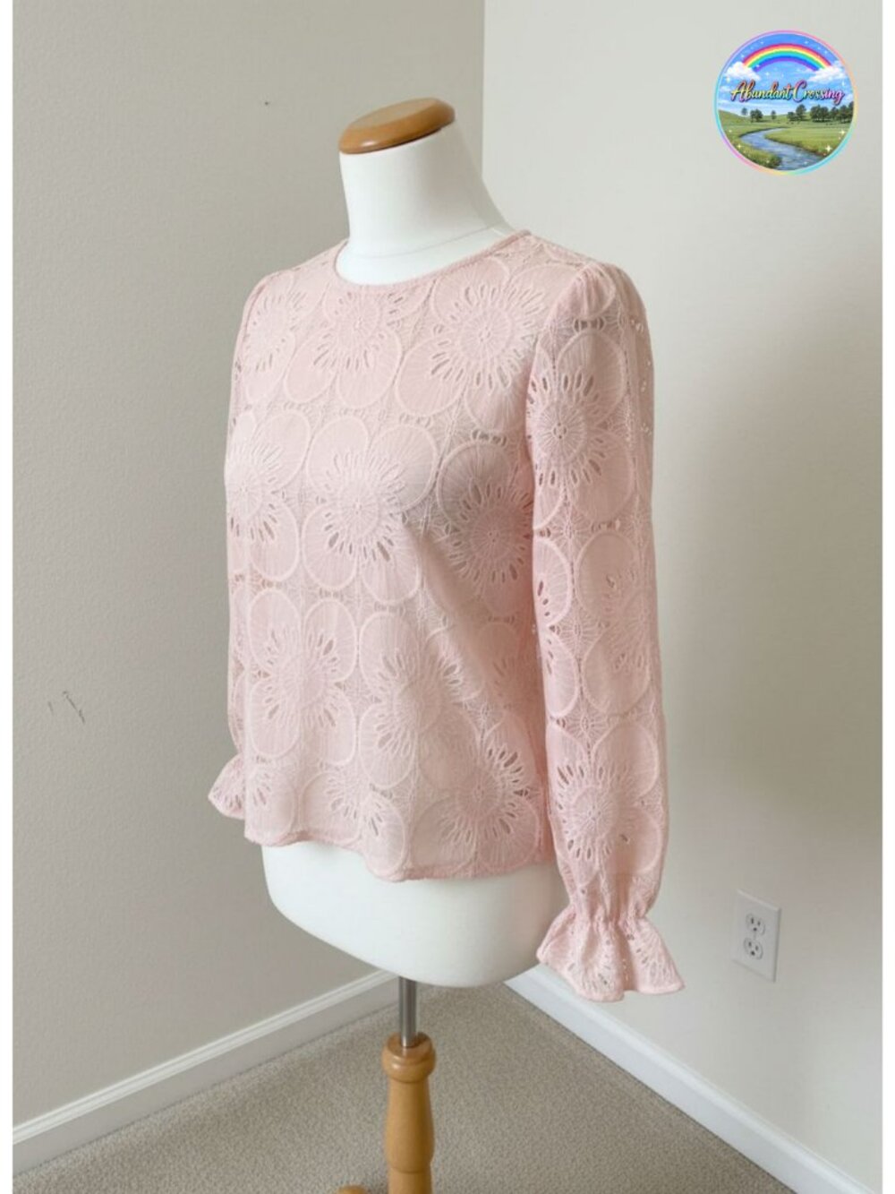 Womens Lace Eyelet Puff Sleeve Blouse Sheer Cotton Nylon Top